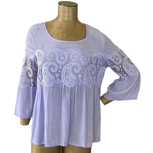 Fyve BOHO Lagenlook Top Bell Sleeve Crochet Accent Sz M Purple 253G - Picture 2 of 8